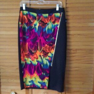 Worthington NWT Black Pink Orange  Blue Neon Print Slit Pencil Skirt Size 6